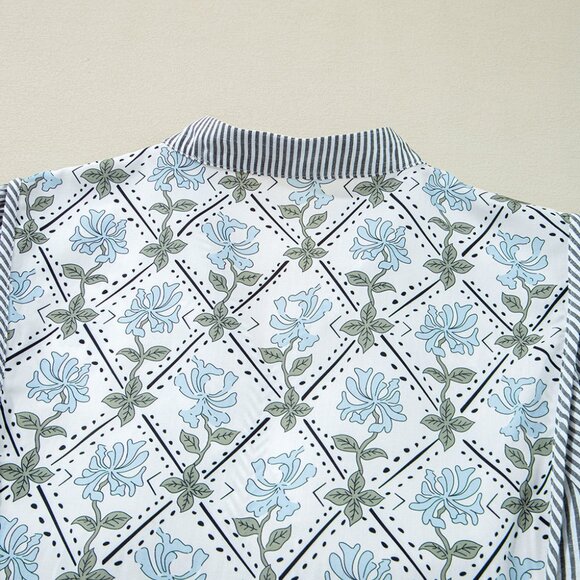 B264 Black Stripe Floral Patchwork Tied V Neck Shift Long Sleeve Mini Dress - Picture 10 of 14